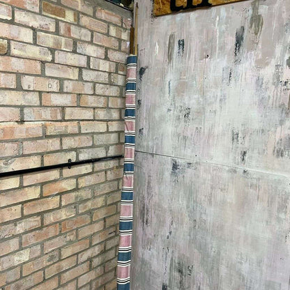 Vintage Retro Homemade Sun Screen Wood &amp; Bamboo Pole Faded Striped Fabric