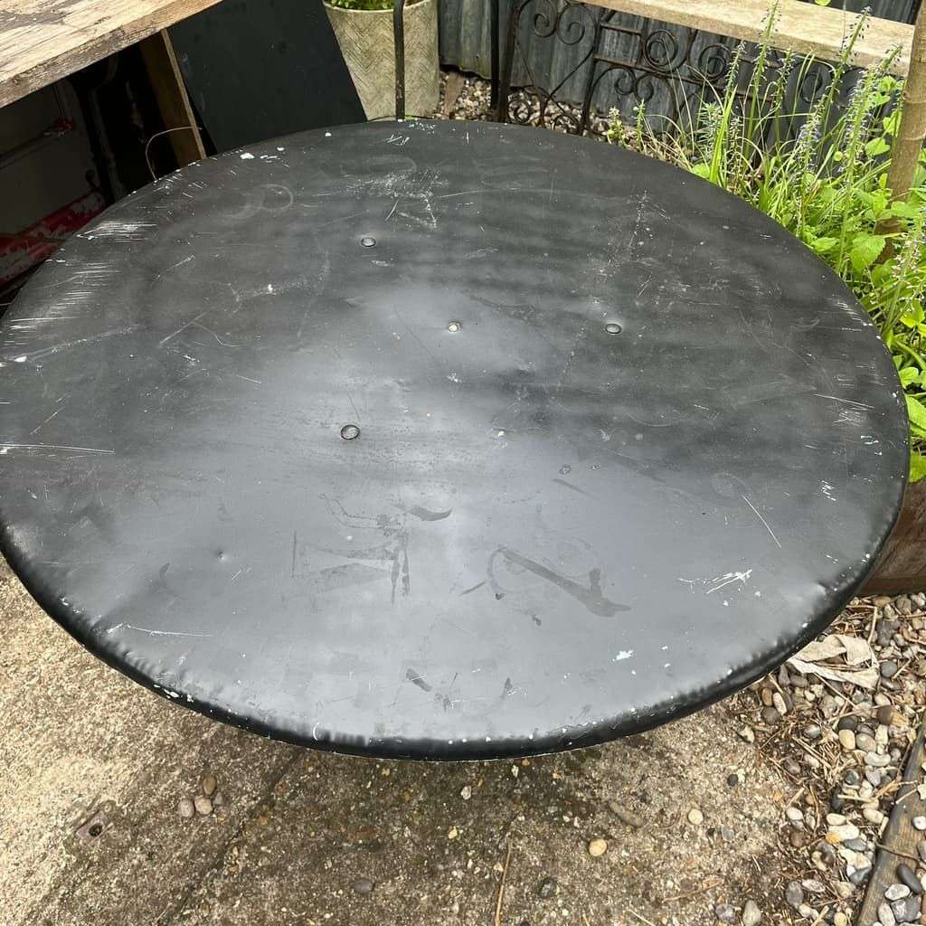 Black Metal Circular Garden Table Faded Clock Face Tripod Legs Ornate Shelf