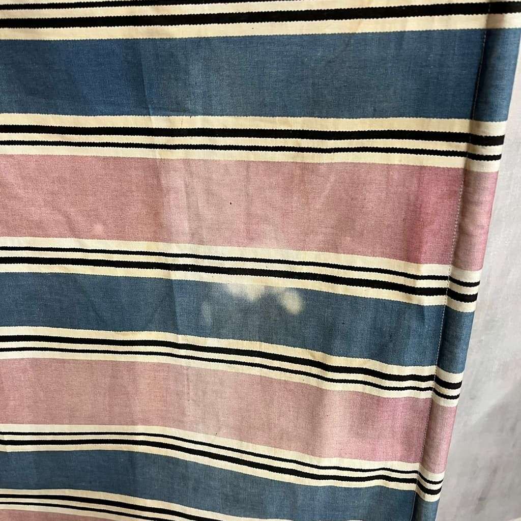 Vintage Retro Homemade Sun Screen Wood &amp; Bamboo Pole Faded Striped Fabric