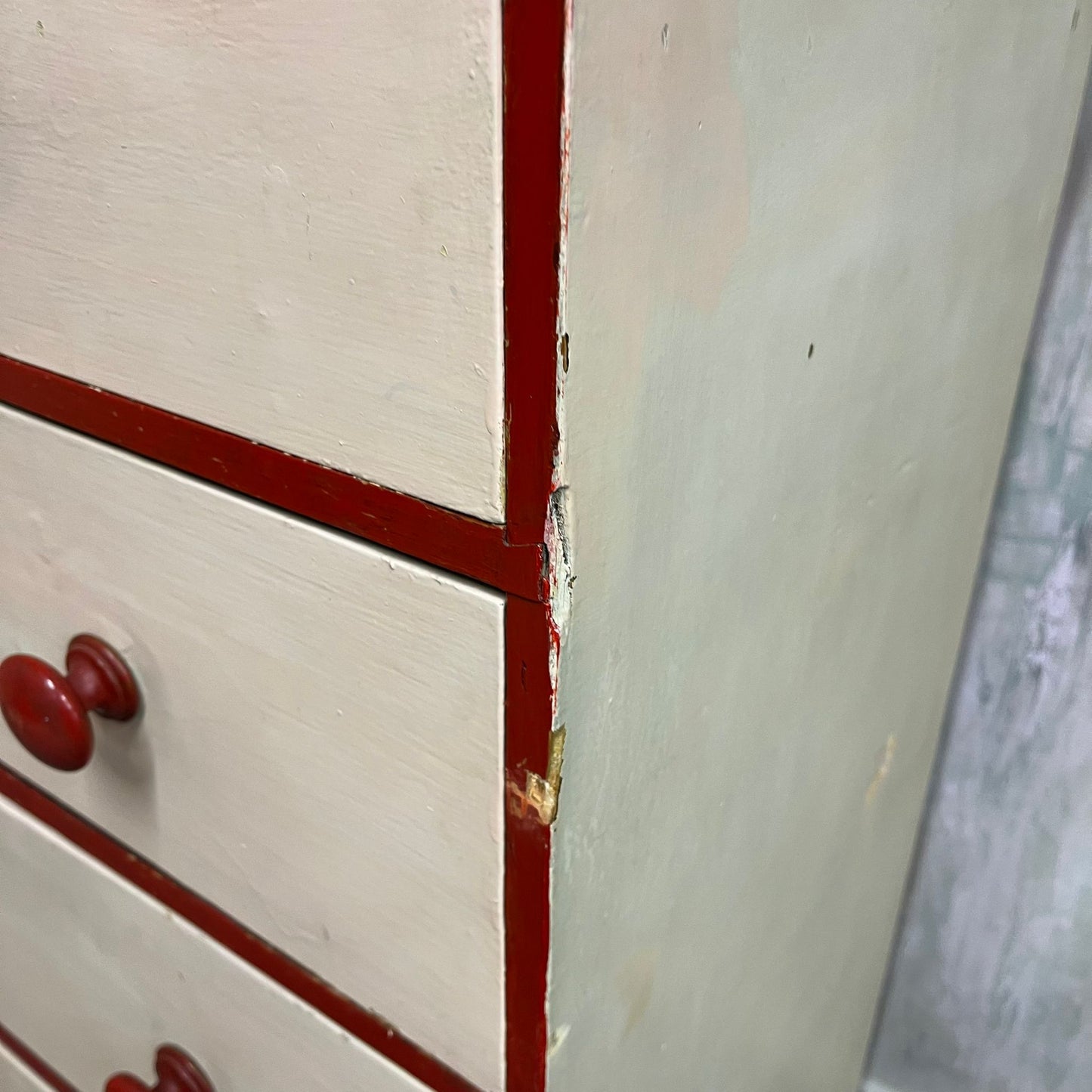Large Victorian Chest 2 Over 3 Drawers Painted Salmon & Red Ornate Ball Feet