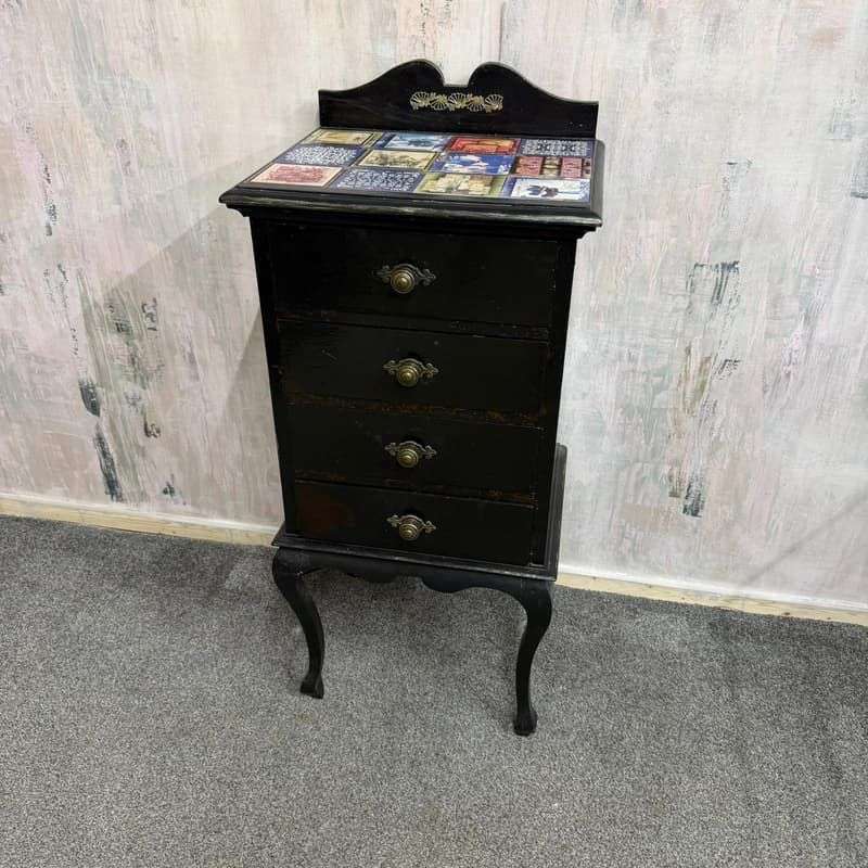 Black Painted 4 Drawer Night Stand Decoupage Top And Sides Cabriole Legs