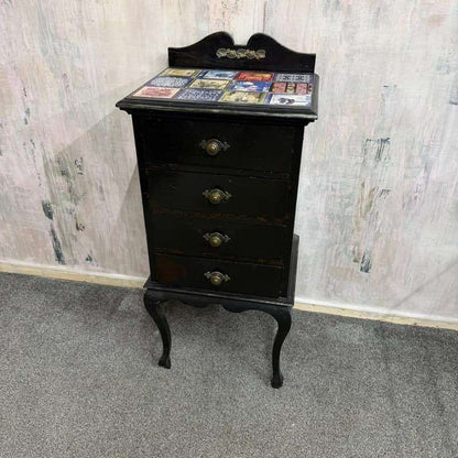 Black Painted 4 Drawer Night Stand Decoupage Top And Sides Cabriole Legs
