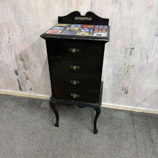 Black Painted 4 Drawer Night Stand Decoupage Top And Sides Cabriole Legs