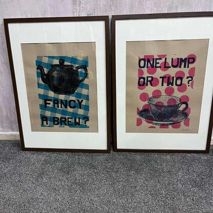 Pair Dark Framed Prints Mr PS 2009 Coffee Shop Tea Room Teapot Cup &amp; Saucer