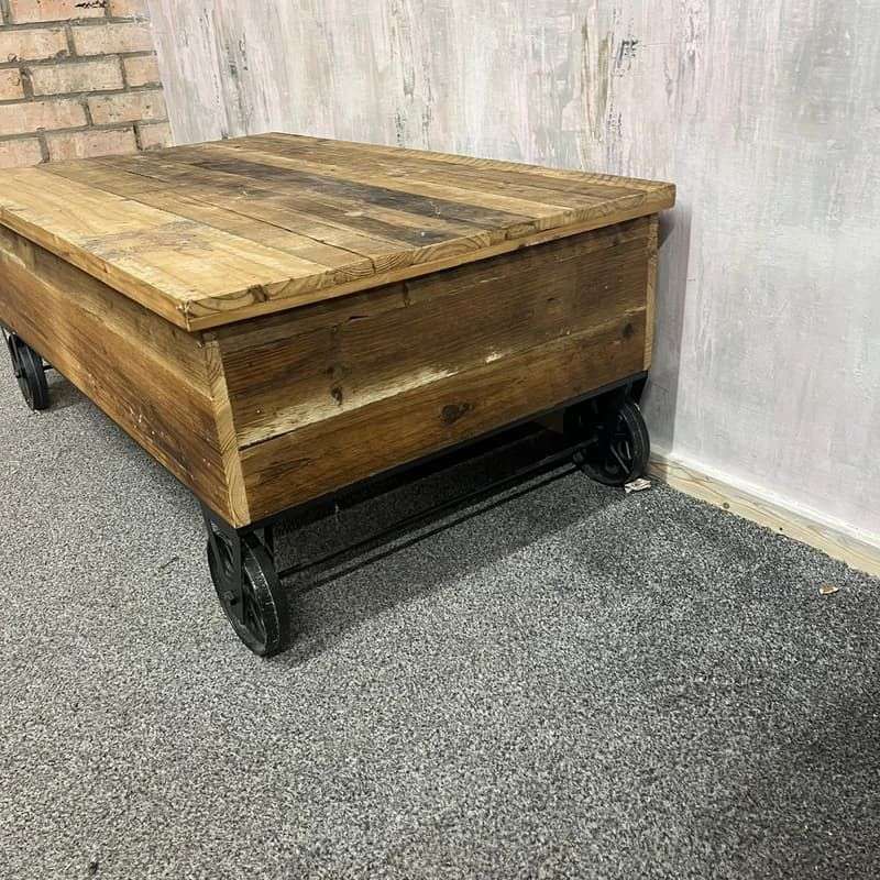 Wooden Plank Topped Trolley Coffee Table Black Metal Wheels Vintage Look