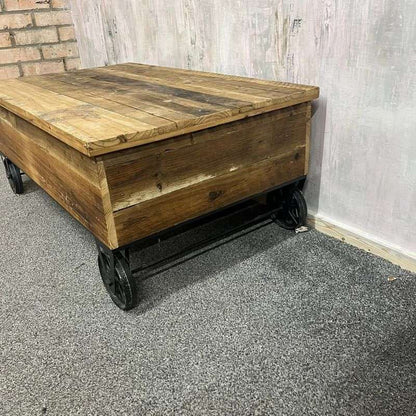 Wooden Plank Topped Trolley Coffee Table Black Metal Wheels Vintage Look
