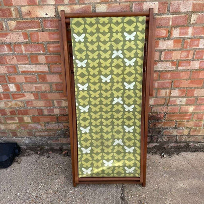 3x Retro Wooden Deckchairs Green Floral Fabric Sturdy Pool Chairs