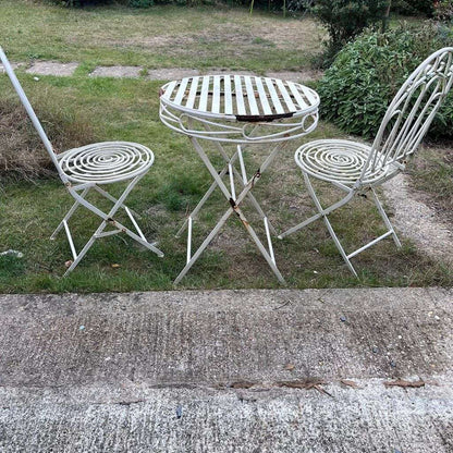 Vintage Style White Cream Metal Garden Patio Set 2 Chairs Round Table Folding