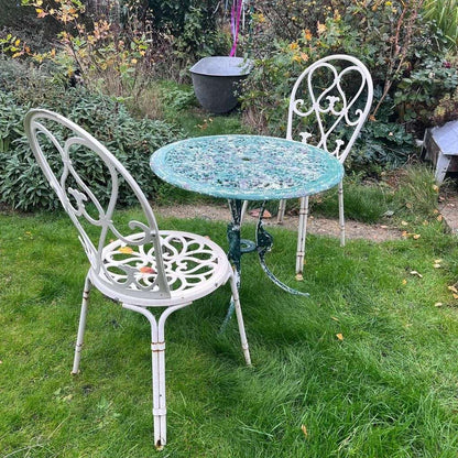 Vintage Metal Garden Table &amp; 2 Chairs Ornate Seats Patio