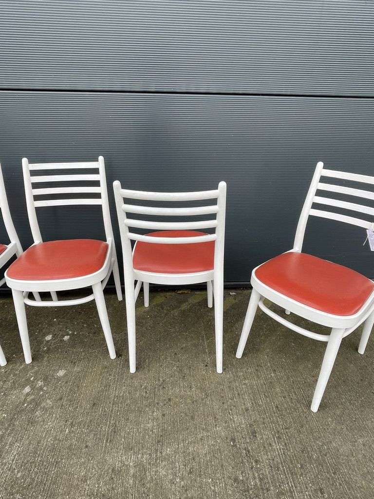 5x Vintage Retro 20thC Mid-Century Wooden White Chairs Red Seats Kitchen Dining