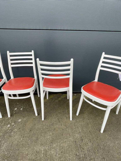 5x Vintage Retro 20thC Mid-Century Wooden White Chairs Red Seats Kitchen Dining