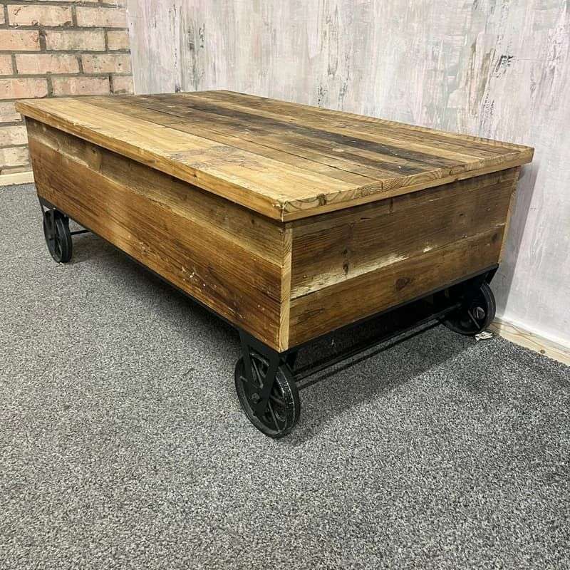 Wooden Plank Topped Trolley Coffee Table Black Metal Wheels Vintage Look