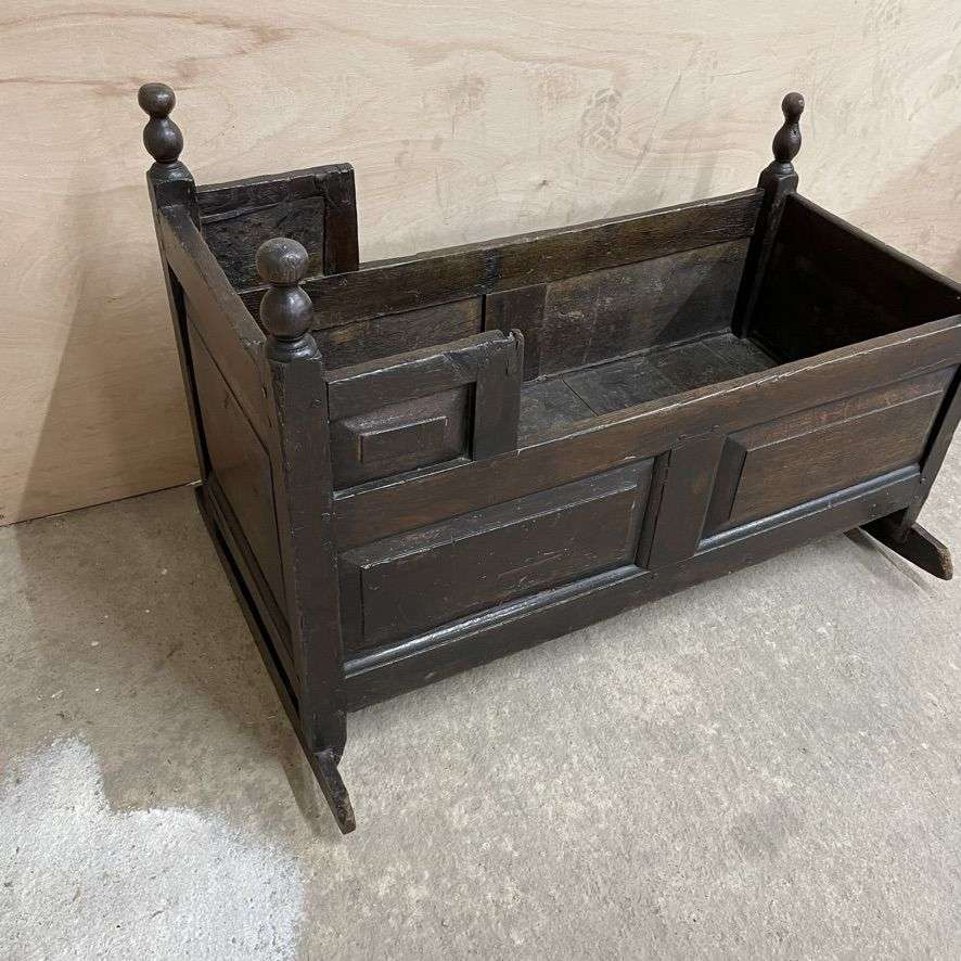 Antique Victorian Dark Oak Rocking Crib Gothic Style Finials