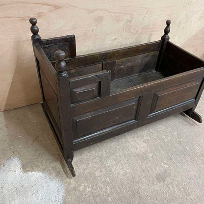 Antique Victorian Dark Oak Rocking Crib Gothic Style Finials