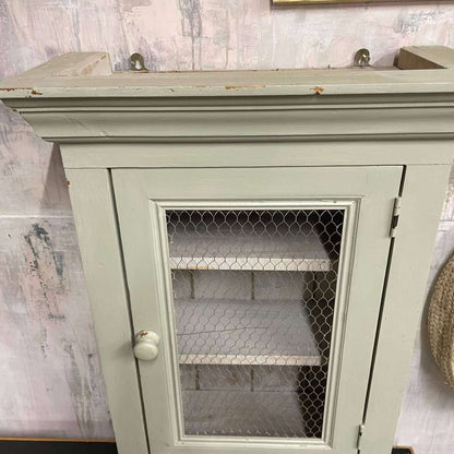 Painted Shabby Chic Kitchen Wall Cupboard 2 Shelves Chicken Wire Door