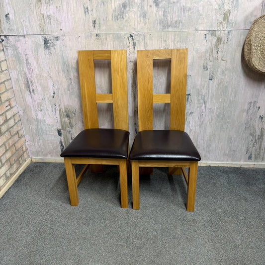 2 Solid Wood Dining Chairs Brown Leather Seats Sturdy Open Design Back