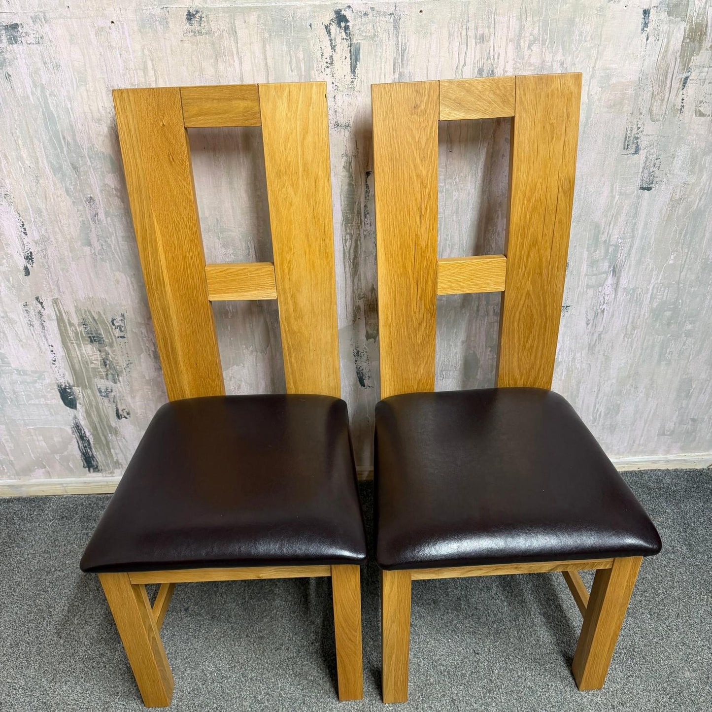 2 Solid Wood Dining Chairs Brown Leather Seats Sturdy Open Design Back