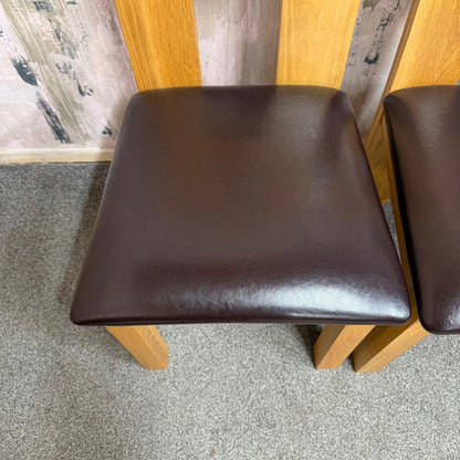 2 Solid Wood Dining Chairs Brown Leather Seats Sturdy Open Design Back