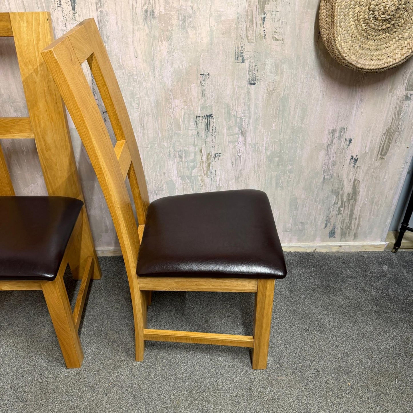 2 Solid Wood Dining Chairs Brown Leather Seats Sturdy Open Design Back