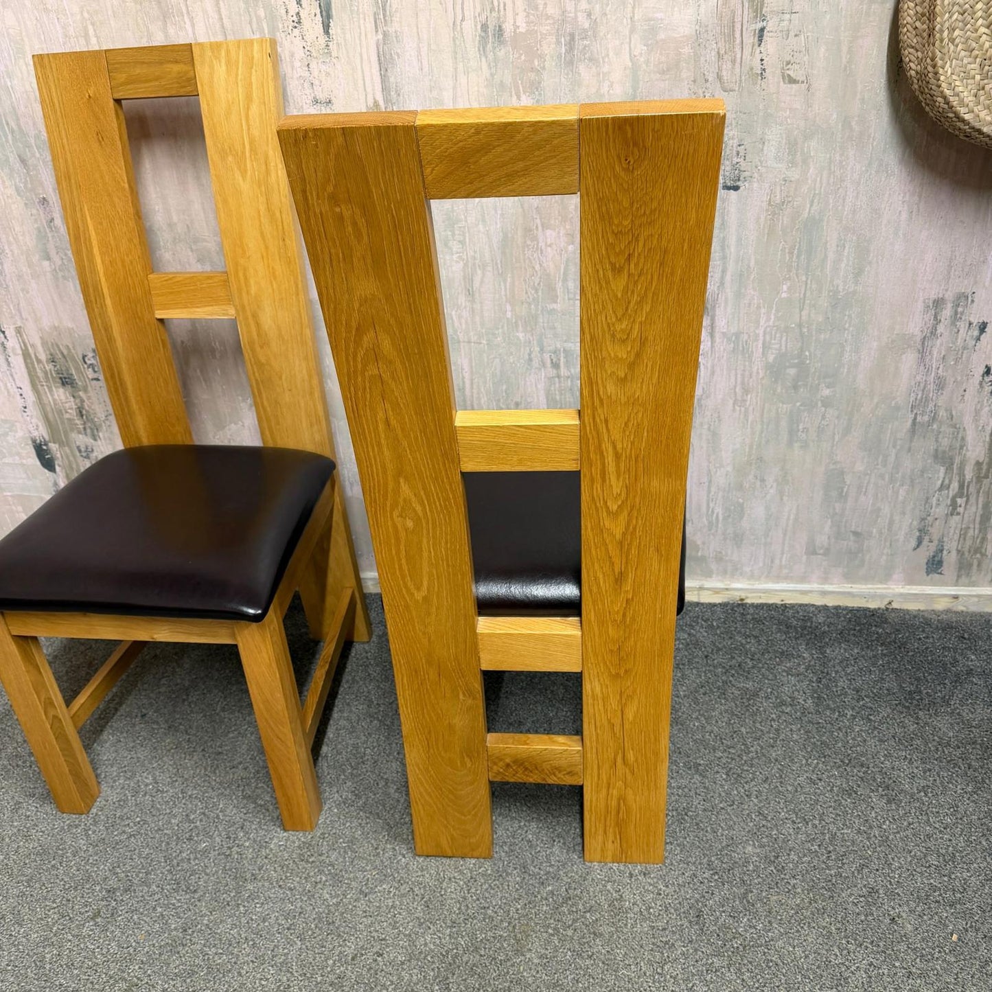 2 Solid Wood Dining Chairs Brown Leather Seats Sturdy Open Design Back