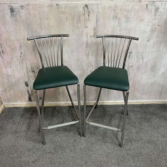 Pair Nowy Styl Green High Bar Stools Breakout Stool Faux Leather Chrome Frame