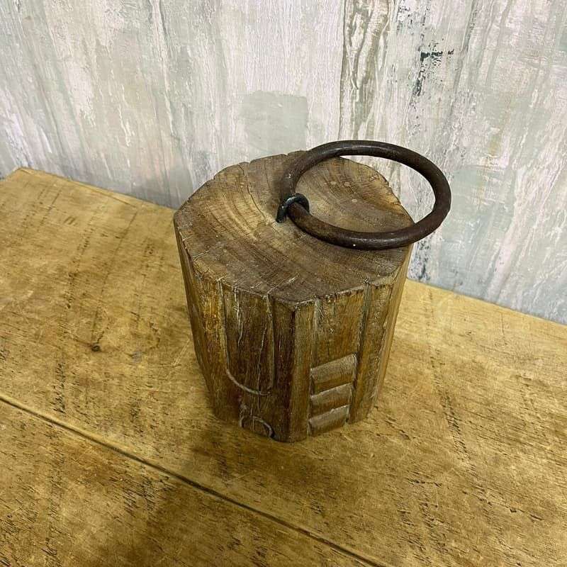Carved Octagonal Wooden Door Stop Rusted Bull Ring Handle