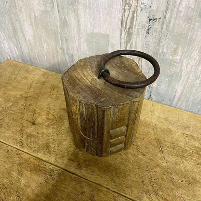 Carved Octagonal Wooden Door Stop Rusted Bull Ring Handle