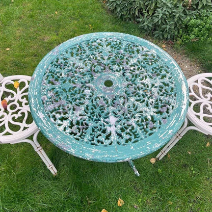 Vintage Metal Garden Table &amp; 2 Chairs Ornate Seats Patio