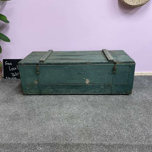 Vintage Large Wooden Trunk Toolbox Hinged Lid with Catches Coffee Side Table