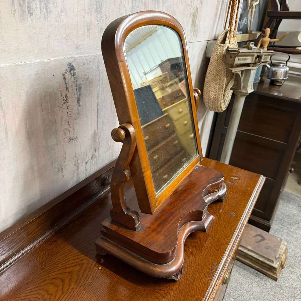 Vintage Dark Wood Swing Mirror Ornate Carving Scrolled Arms Knob Adjusters