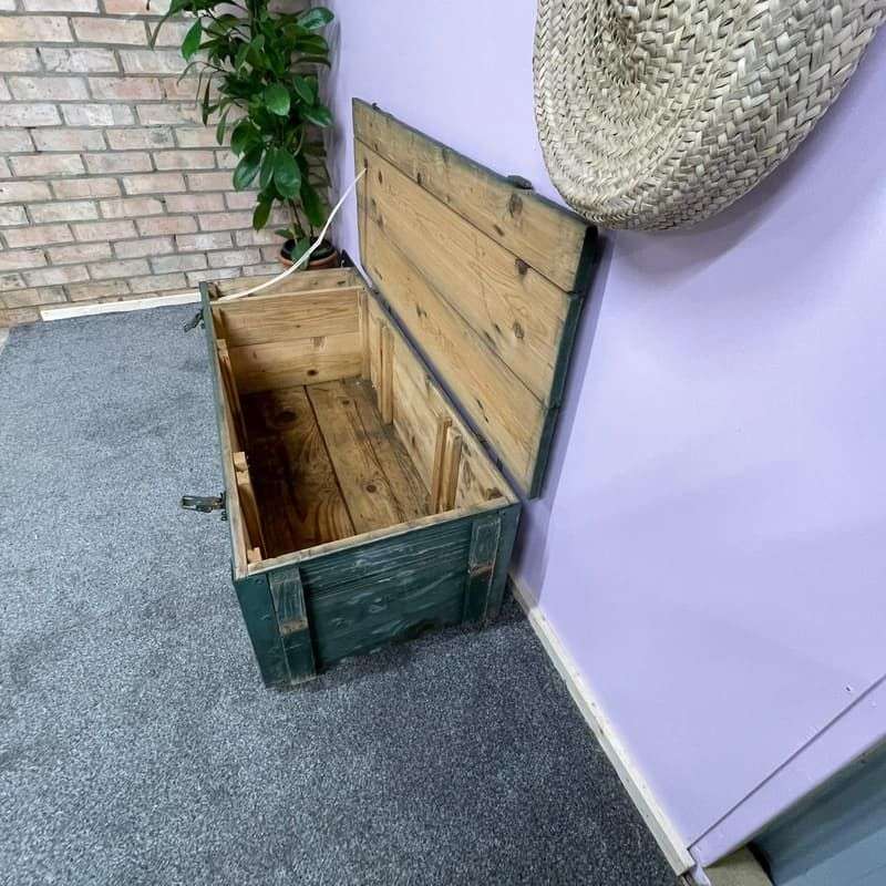 Vintage Large Wooden Trunk Toolbox Hinged Lid with Catches Coffee Side Table