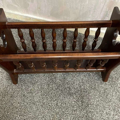 Vintage Dark Wood Magazine Rack Handle Clover Motif