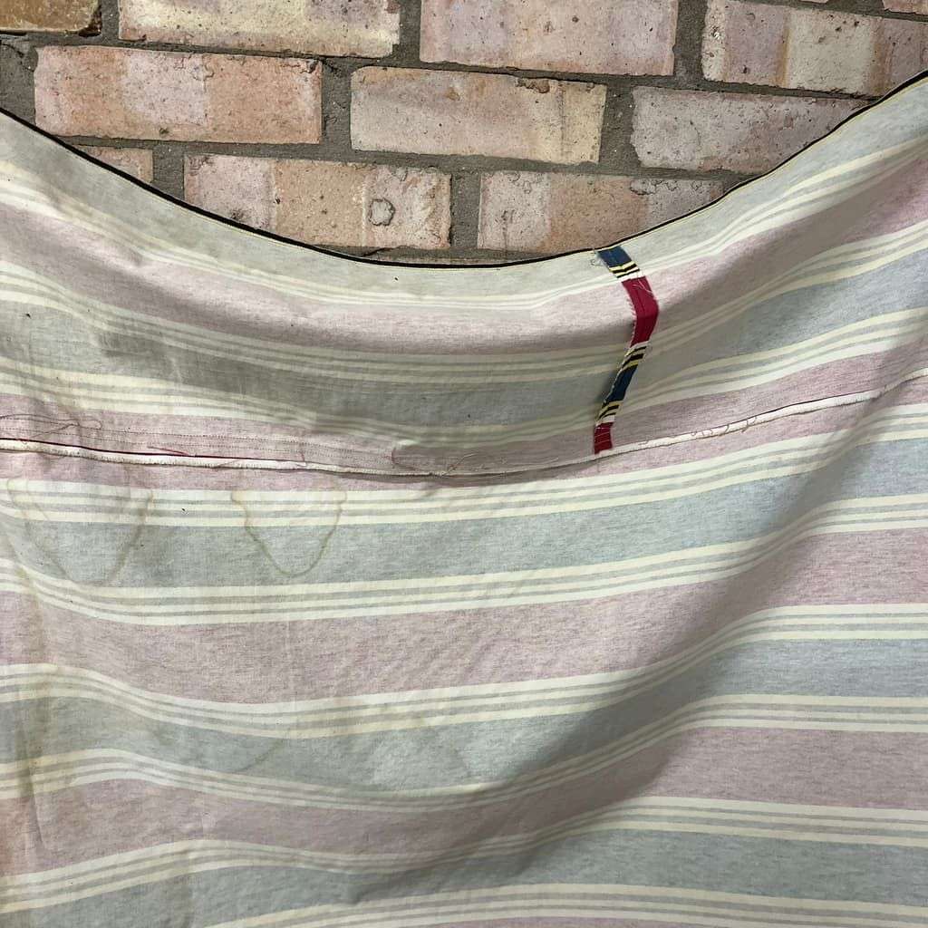 Vintage Retro Homemade Sun Screen Wood &amp; Bamboo Pole Faded Striped Fabric