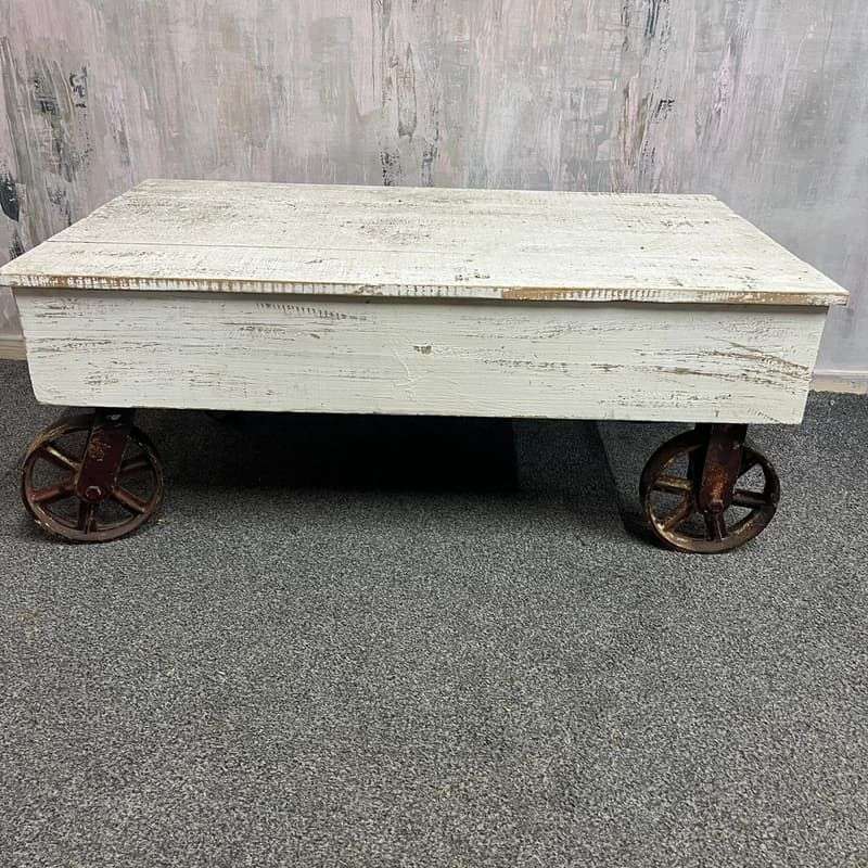Vintage French Style Wooden Coffee Table Metal Industrial Wheels Painted White