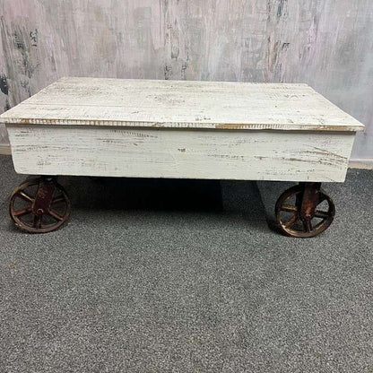Vintage French Style Wooden Coffee Table Metal Industrial Wheels Painted White
