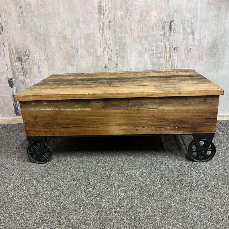 Wooden Plank Topped Trolley Coffee Table Black Metal Wheels Vintage Look