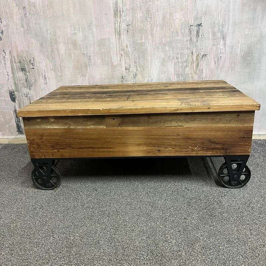 Wooden Plank Topped Trolley Coffee Table Black Metal Wheels Vintage Look