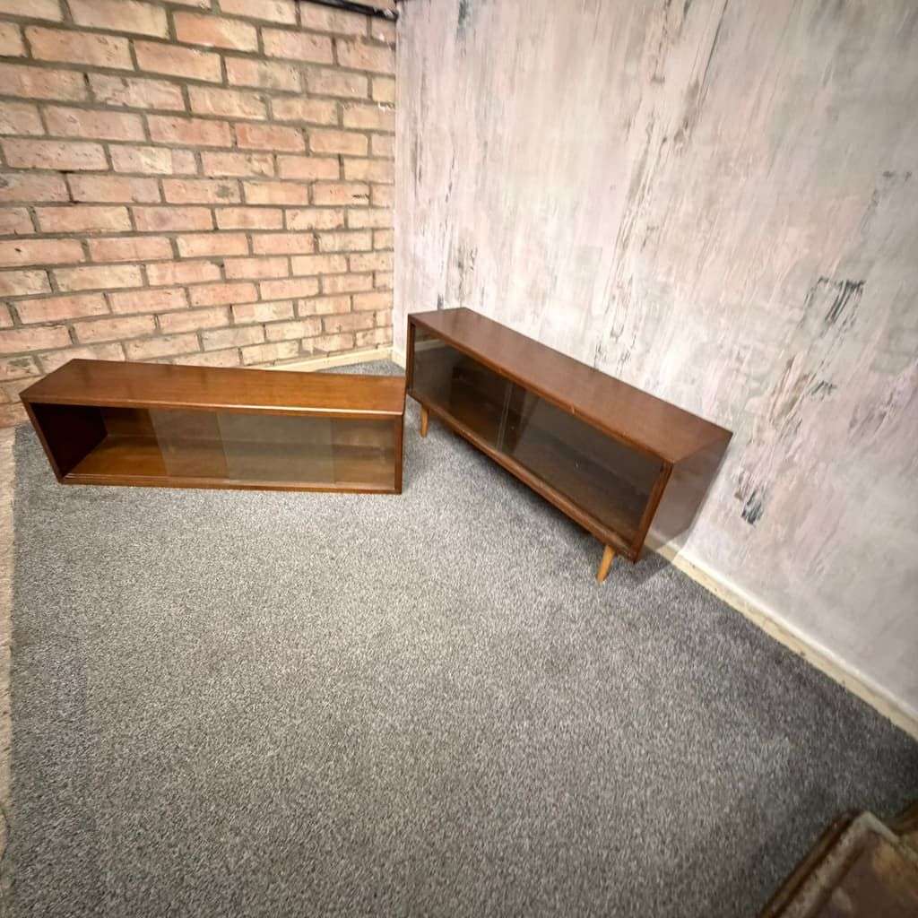 Pair Mid Century Herbert E Gibbs Glazed Low Bookcases Tapered Legs