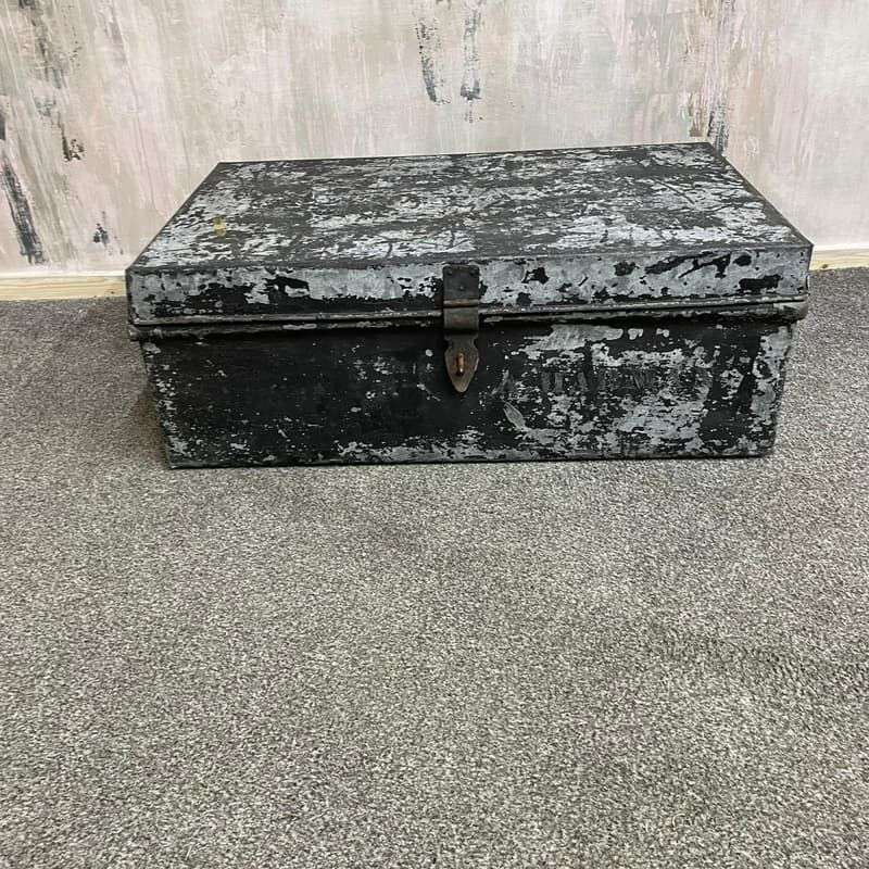 Rustic Black And Grey Metal Travel Trunk Latch Side Handles Coffee Table Chest