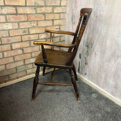 Antique 20thC Wooden Carver ArmChair Ornate Beaded Back Turned Legs