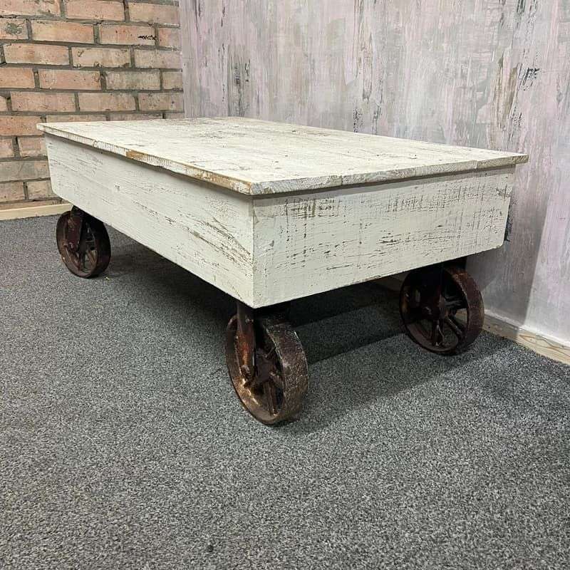 Vintage French Style Wooden Coffee Table Metal Industrial Wheels Painted White