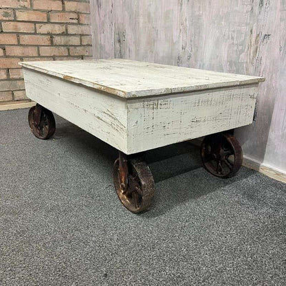 Vintage French Style Wooden Coffee Table Metal Industrial Wheels Painted White