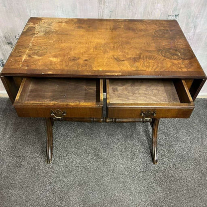 Antique Walnut Side Console Table Drop Leaf Two Drawers Desk