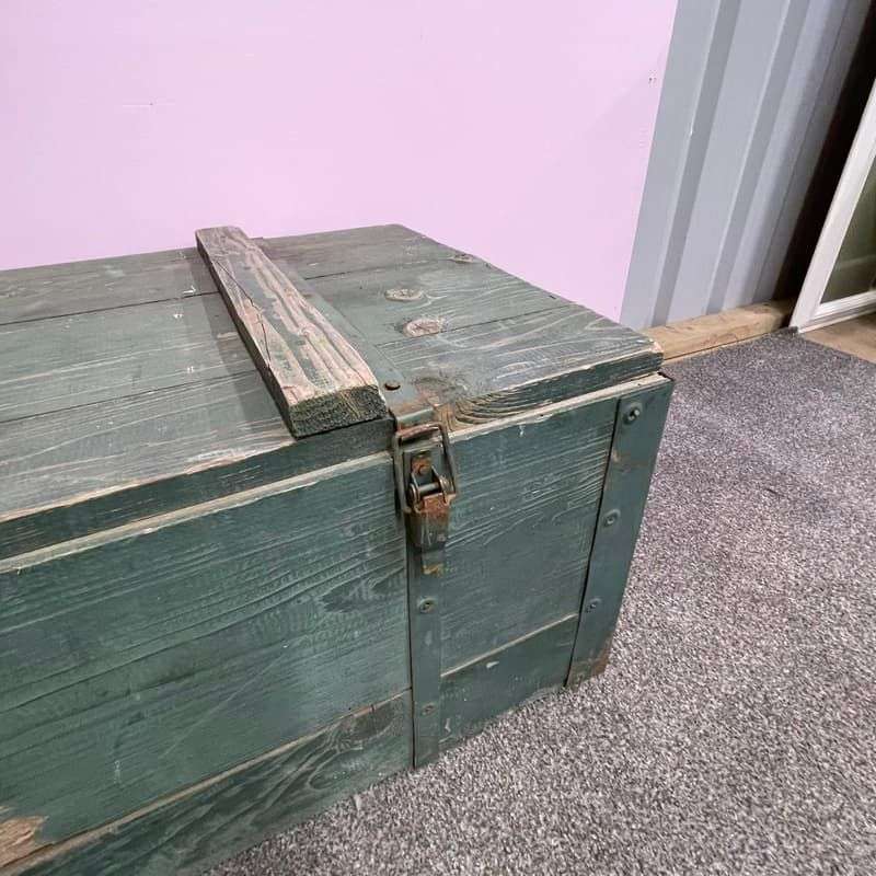 Vintage Large Wooden Trunk Toolbox Hinged Lid with Catches Coffee Side Table