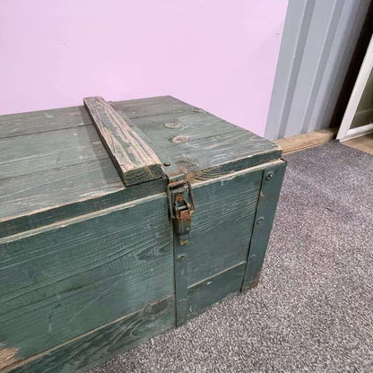 Vintage Large Wooden Trunk Toolbox Hinged Lid with Catches Coffee Side Table
