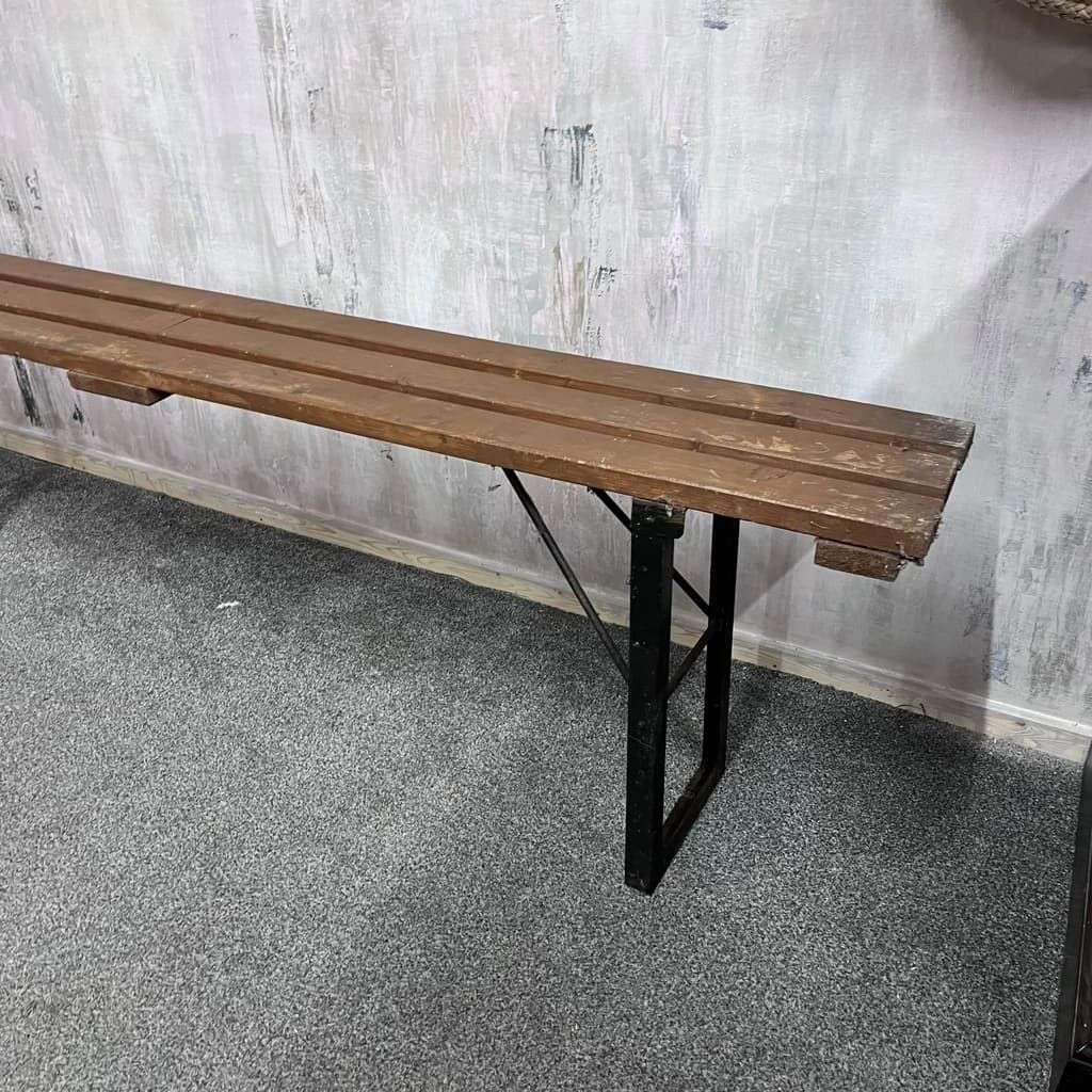 Vintage Folding Trestle Bench Stained Slatted Top Metal Legs Great Patina