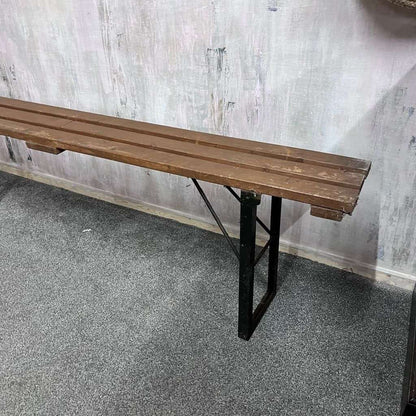 Vintage Folding Trestle Bench Stained Slatted Top Metal Legs Great Patina