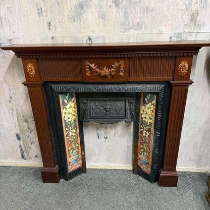 Vintage Cast Iron Tiled Fire Surround Floral Pattern Ornate Design Heavy