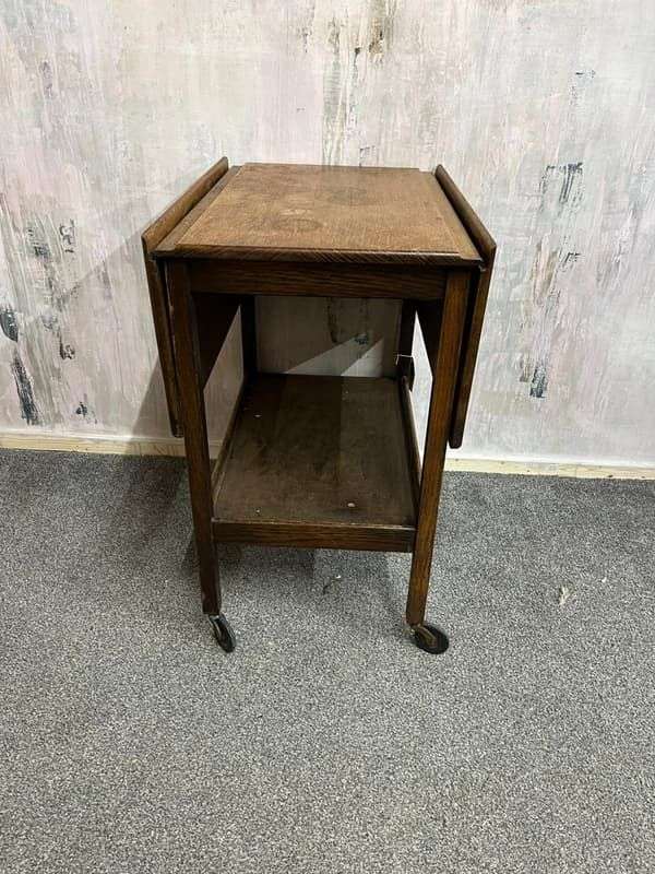 Vintage Oak Tea Trolley Shelf Under On Castors 2 Leafs