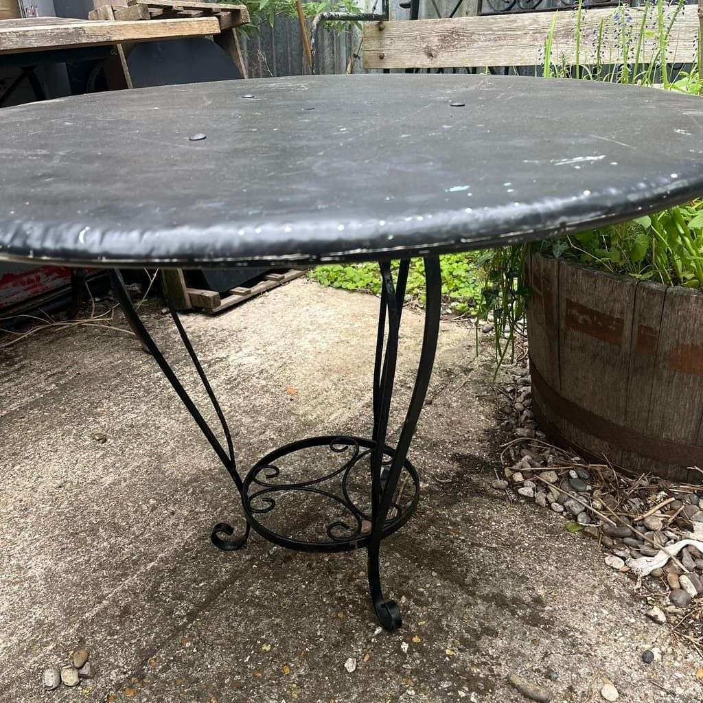 Black Metal Circular Garden Table Faded Clock Face Tripod Legs Ornate Shelf